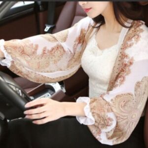 White & Brown Chiffon Paisley Print Scarf Shrug Jacket Ruffke Cuff - fits S to L